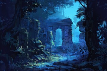 Ancient temple ruins overgrown by jungle vegetation in the moonlight