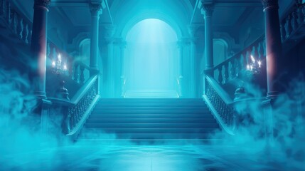 A chilling scene from inside a haunted house, showcasing eerie decorations like hanging skeletons, ghostly apparitions, and mysterious fog creeping in.