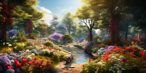 Beautiful colourful flowers blooming field on mountain valley over blue sky, Natural summer landscape