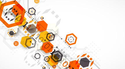 Abstract circuit board background with hexagons. Hi-tech digital technology concept. Hand drawn vector.