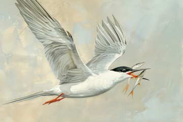 Obraz premium Forester's Tern, adult in flight with fish