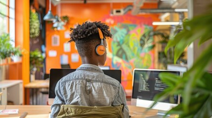 Young business person in a vibrant coworking space