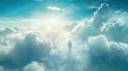 serene journey of a person walking up a stairway to heaven through the clouds, representing the ascent after death