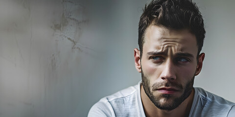 Silver background sad european white man realistic person portrait of young beautiful bad mood expression man Isolated on Background depression anxiety fear