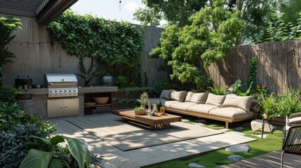 Minimalist outdoor living area with sectional sofa, coffee table, built-in grill.