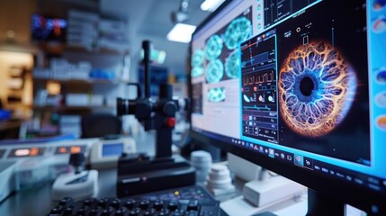 Realistic photograph of ophthalmologist using OCT scanner to examine patient's retina, close-up of device and retinal images on computer screen.