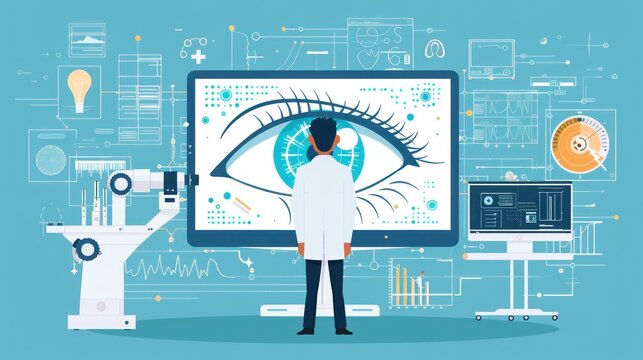 Flat illustration of ophthalmologist using telemedicine platform for remote eye consultation, with digital tools for visual testing and retinal imaging.