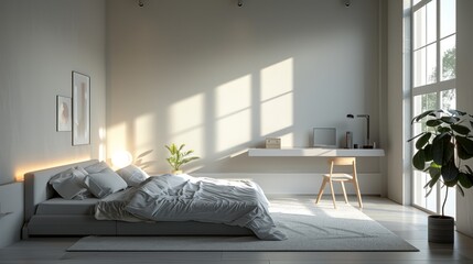Minimalist bedroom with monochromatic color scheme, wall-mounted desk, low-profile bed.