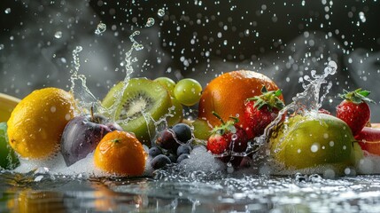 Vibrant assortment of fruits splashing in water droplets
