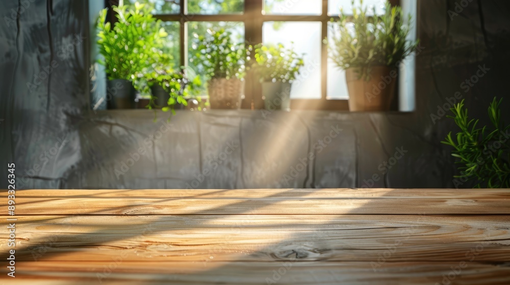 Canvas Prints Kitchen wooden table background with dark sunlight shadows and window sill plants, space for products.