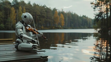 A Robot Playing the Violin on a Dock by a Body of Water With Trees in the Background - Generative AI