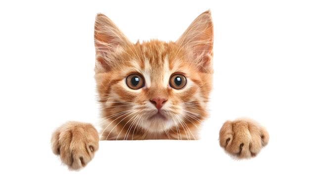 Kitten holding blank banner isolated on transparent background