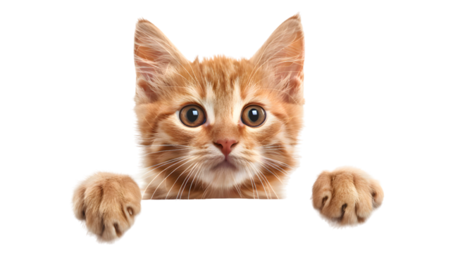 Kitten holding blank banner isolated on transparent background