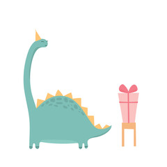 A festive cute dinosaur with a gift 