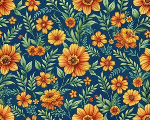 Vibrant orange blooms with yellow centers pop against a calming blue background in a stunning seamless floral pattern perfect for textiles, wallpapers, and designs.