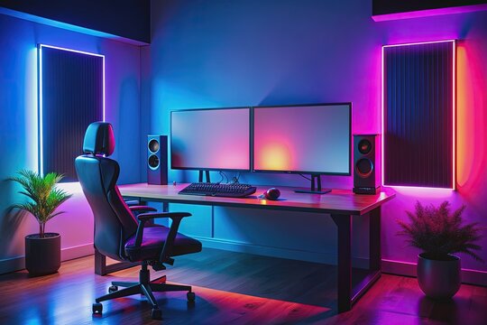 Dark room illuminated by vibrant RGB hues, high-performance gaming computer, and multiple monitors surround a blank poster mockup on a sleek gamer's desk, awaiting creative input.