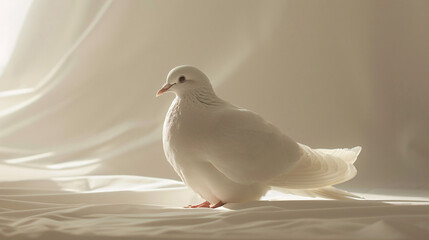 A graceful white dove stands on a white surface, its feathers glistening in the soft light, symbolizing peace and hope. Suitable for spiritual or wildlife-related contexts.