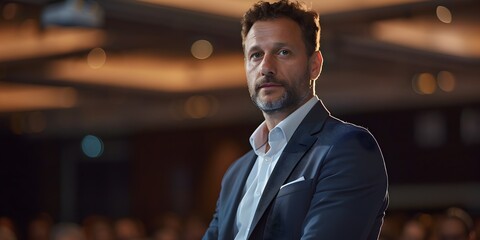 Confident Business Leader Presenting at Corporate Conference with Engaging Demeanor