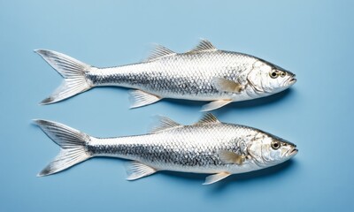Naklejka premium Two silver fish laying horizontally on a blue background