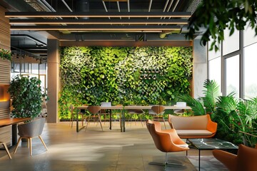 A coworking space with green living walls embodies eco-friendly design, offering a light and airy atmosphere that is both refreshing and modern.