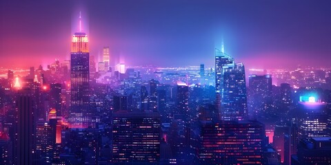 Vibrant Nighttime Skyline of an Energetic Metropolitan City with Glowing Neon Illuminated Skyscrapers