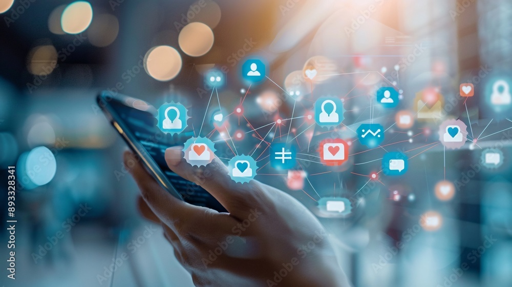 Poster professional setting with a smartphone displaying social media icons and data analytics