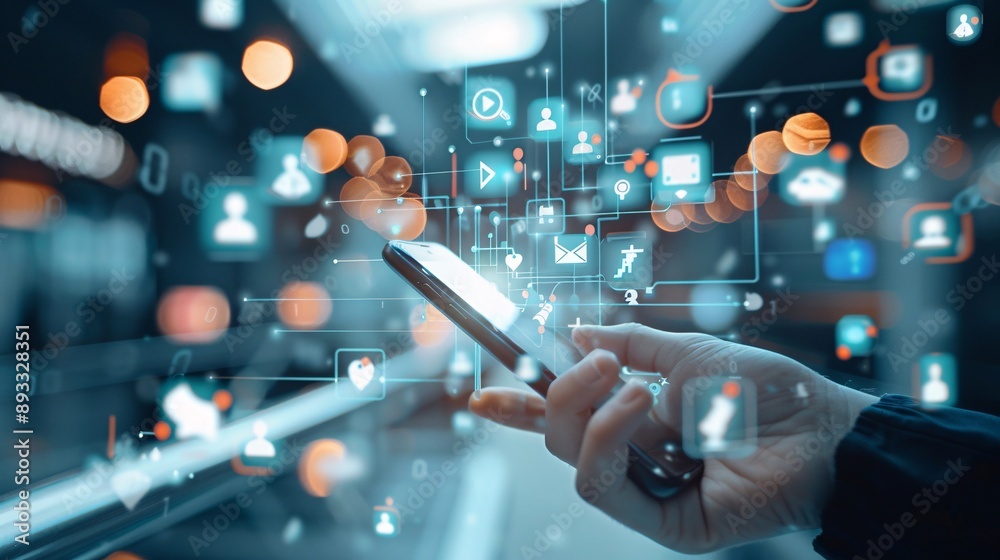 Poster professional setting with a smartphone displaying social media icons and data analytics