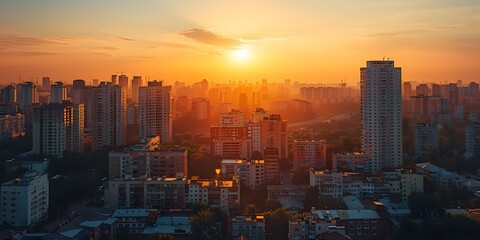 Obraz premium Dramatic and Serene Sunset View of a Towering City Skyline with Long Shadows