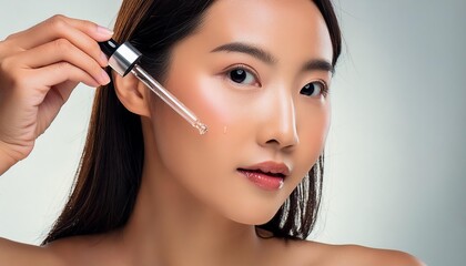 Fototapeta premium Asian Woman holding a Pipette with Skincare Serum - Applying Serum to her Face - Hyaluronic Acid, Anti Aging, Moisturiser, Repair, Hydrating, Vitamin, Ascorbic, Retinol, Exfoliant, Azelaic