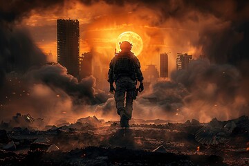 Obraz premium Silhouette of a soldier standing in a ruined city after battle.