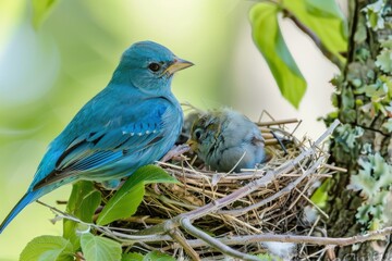 Obraz premium Indigo Bunting female at nest feeding young