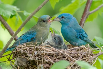 Obraz premium Indigo Bunting female at nest feeding young