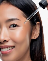 Obraz premium Asian Woman holding a Pipette with Skincare Serum - Applying Serum to her Face - Hyaluronic Acid, Anti Aging, Moisturiser, Repair, Hydrating, Vitamin, Ascorbic, Retinol, Exfoliant, Azelaic
