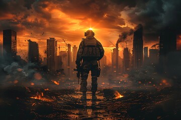 Fototapeta premium Silhouette of a soldier standing in a ruined city after battle.