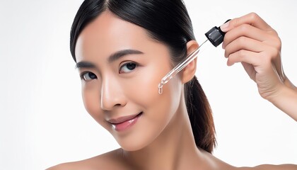 Obraz premium Asian Woman holding a Pipette with Skincare Serum - Applying Serum to her Face - Hyaluronic Acid, Anti Aging, Moisturiser, Repair, Hydrating, Vitamin, Ascorbic, Retinol, Exfoliant, Azelaic