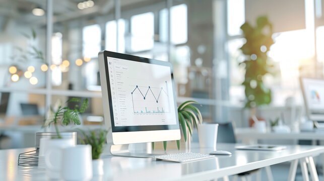 A workspace with a digital SEO graph and modern lighting, emphasizing content creation