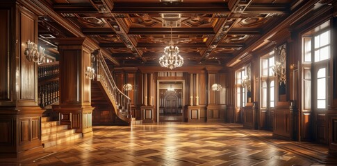 The classic elegance of a vast wooden chamber exudes timeless sophistication and grandeur.