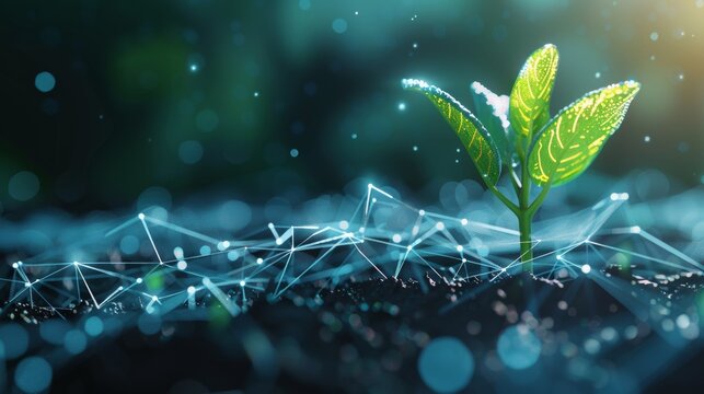 Hand holding young plant in soil. Low poly style design. Blue geometric background. Wireframe light connection structure. Modern graphic concept. Illustration in isolation.