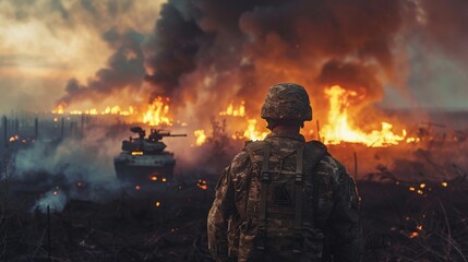 Obraz premium A Man in a Military Uniform Looking at a Burning Field of Trees and a Tank in the Distance - Generative AI
