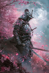 Fototapeta premium Samurai in moonlit cherry blossoms, armor gleaming, katana ready.generative ai