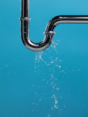 Leaking water from chromium stainless steel pipe under sink. Drain leak water from pipe plumbing in...