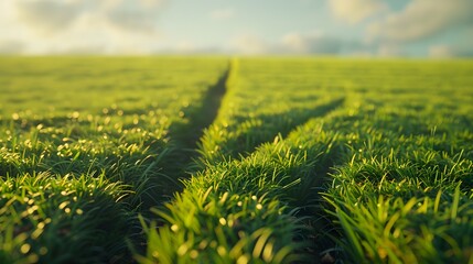 Green grass arrow set in a wide field, pointing forward with a blurred horizon, symbolizing growth and diverse paths in agricultural innovation