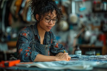 Young Woman With Curly Hair Designing Fabric in a Workshop
