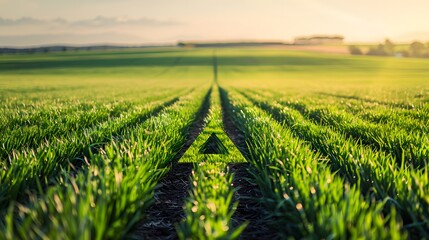 Green grass arrow set in a wide field, pointing forward with a blurred horizon, symbolizing growth and diverse paths in agricultural innovation