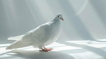Obraz premium A graceful white dove standing on a white surface, its feathers glistening in the soft light, symbolizing peace, purity, and hope.