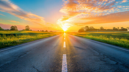Naklejka premium A scenic road stretches towards a vibrant sunset, with a field of yellow wildflowers on either side.
