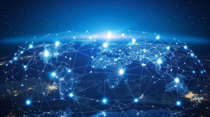 Obraz premium A blue background with an abstract illustration of a world map with polygonal wireframes. An abstract illustration of a polygonal space with lines and dots.