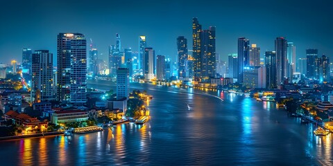 Dazzling Nightscape of a Modern Vibrant Metropolis with Gleaming Skyscrapers and Lively Waterfront