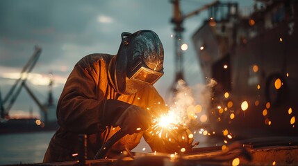 Fototapeta premium A Welder in a Welding Mask Working on a Ship in a Harbor With a Large Ship in the Background - Generative AI
