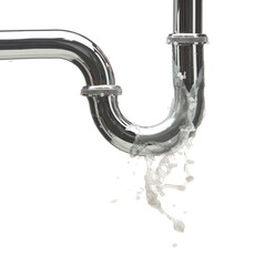 Leaking water from chromium stainless steel pipe under sink. Drain leak water from pipe plumbing in...